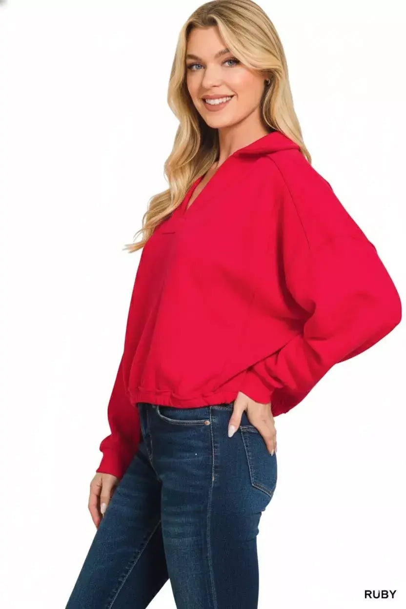 Zenana French Terry Collared Exposed Seam Sweatshirt - Trendsi - Flyclothing LLC