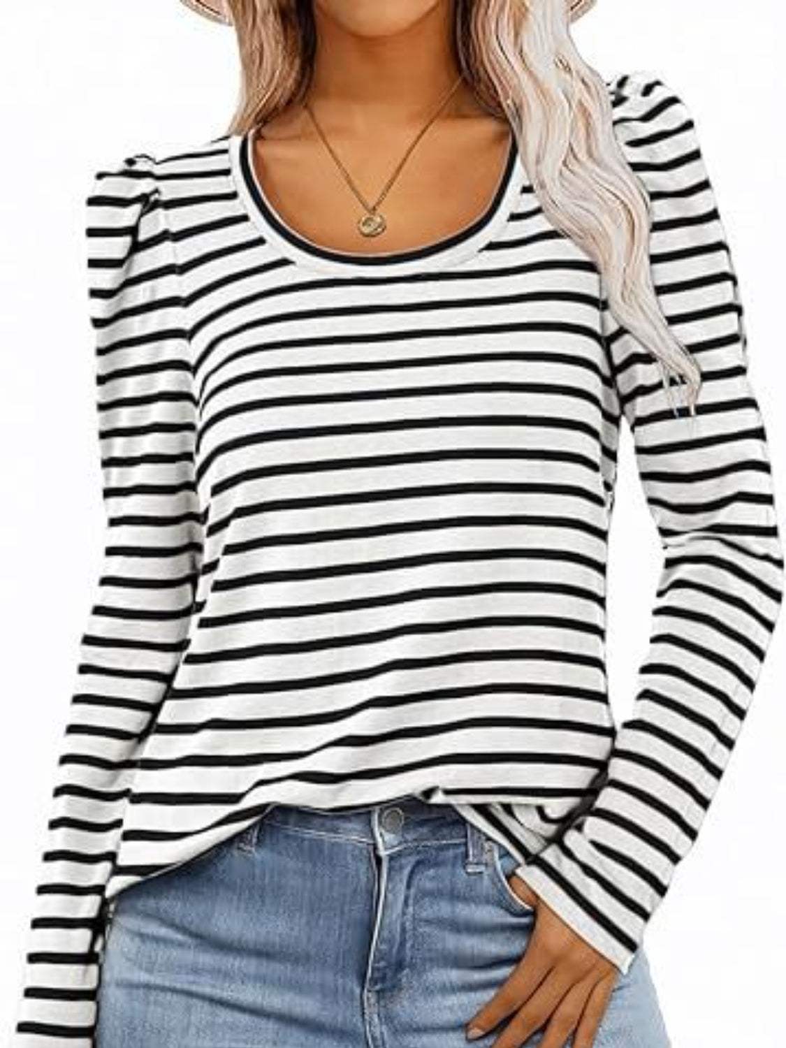 Striped Round Neck Long Sleeve T-Shirt - Trendsi - Flyclothing LLC
