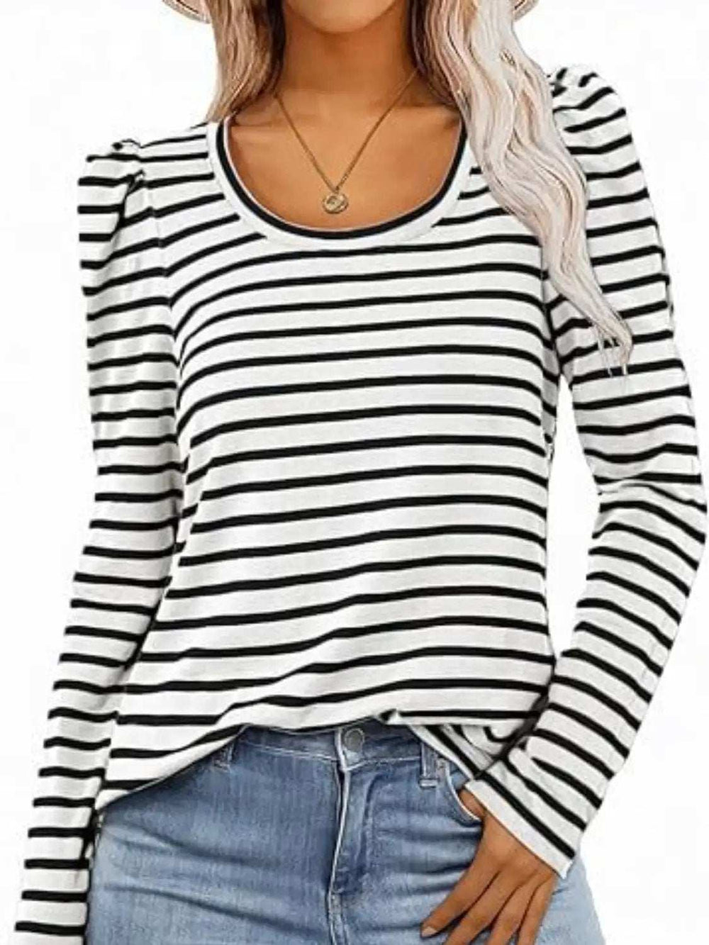 Striped Round Neck Long Sleeve T-Shirt - Trendsi - Flyclothing LLC
