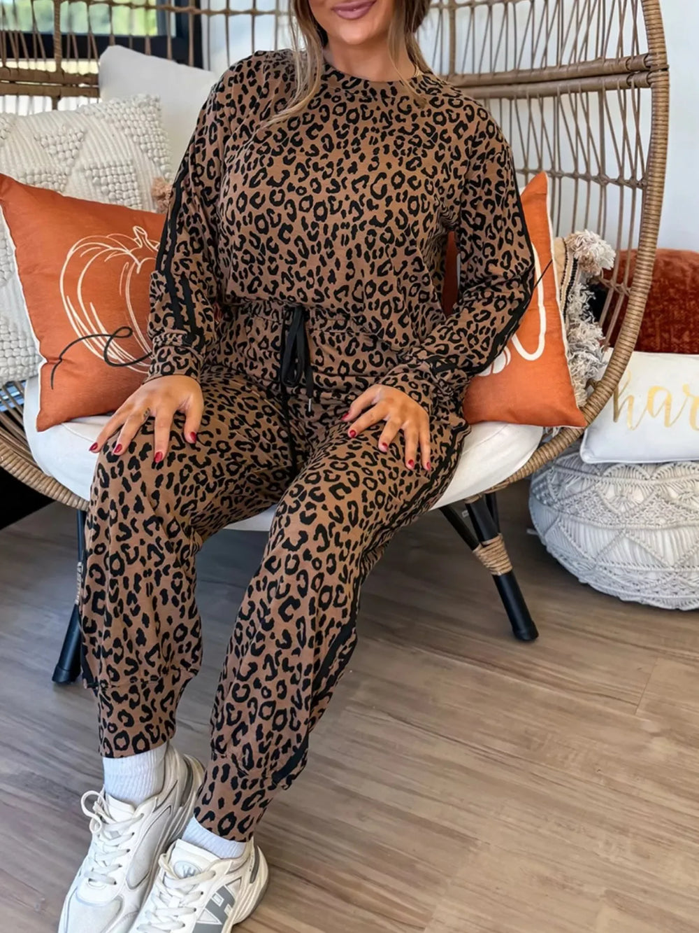 Striped Trim Leopard Long Sleeve Top Drawstring Pant Set - Trendsi - Flyclothing LLC