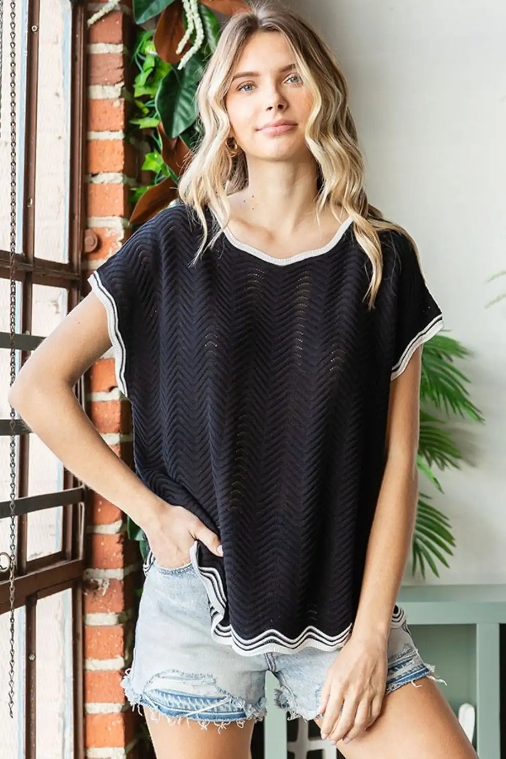 First Love Full Size Contrast Wavy Crochet Drop Shoulder Knit Top - Trendsi