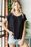 First Love Full Size Contrast Wavy Crochet Drop Shoulder Knit Top - Trendsi