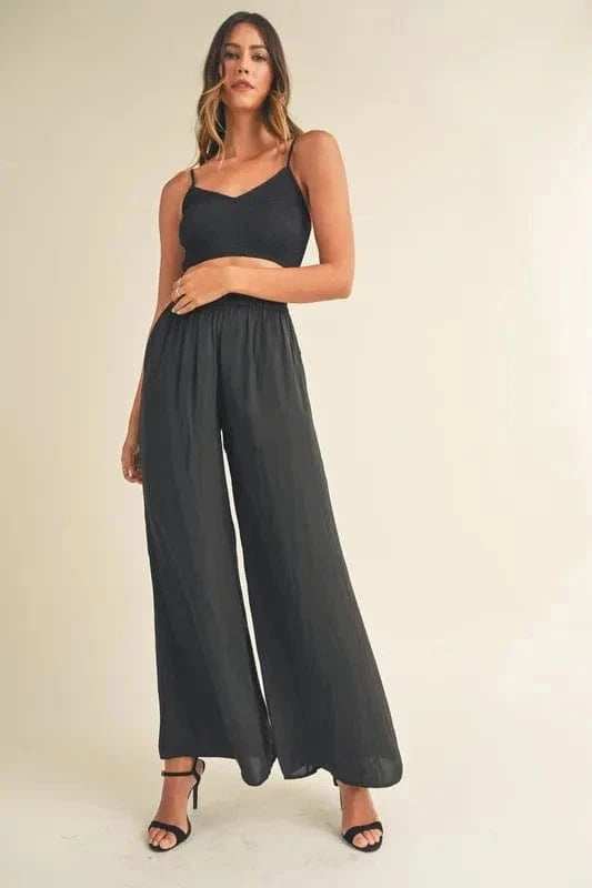 MABLE Smocked Bralette Crop Top and Wide Leg Pants Set - Trendsi - Flyclothing LLC