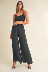 MABLE Smocked Bralette Crop Top and Wide Leg Pants Set - Trendsi - Flyclothing LLC