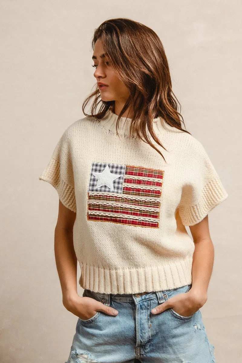 BiBi American Flag Patchwork Drop Shoulder Sweater - Trendsi - Flyclothing LLC