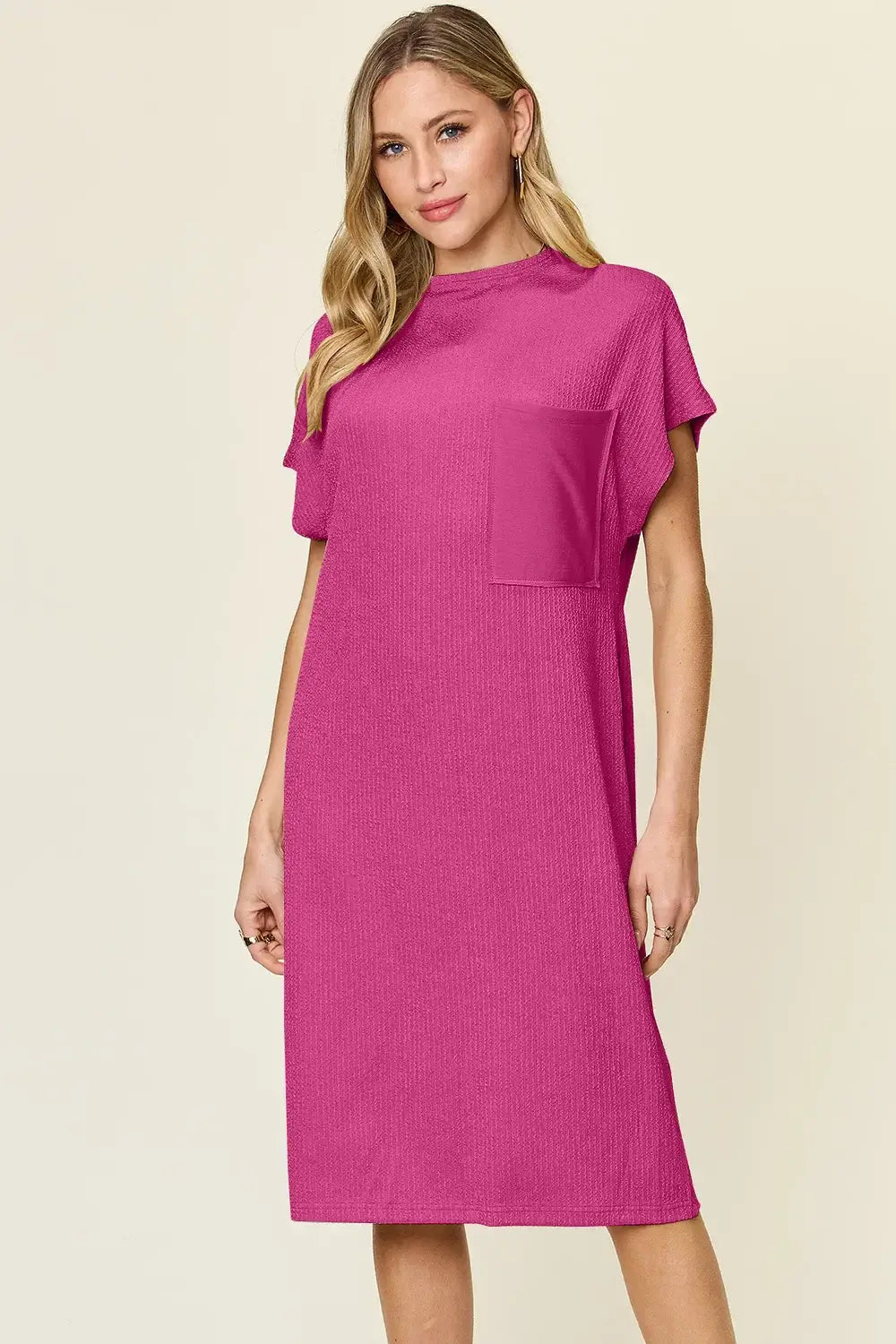 Double Take Full Size Texture Mock Neck Short Sleeve Dress - Trendsi - Flyclothing LLC