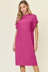 Double Take Full Size Texture Mock Neck Short Sleeve Dress - Trendsi - Flyclothing LLC