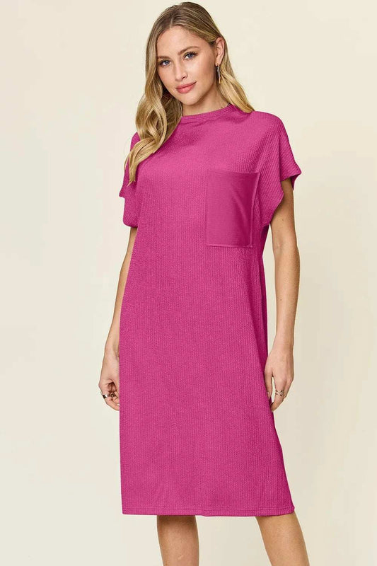 Double Take Full Size Texture Mock Neck Short Sleeve Dress - Trendsi - Flyclothing LLC