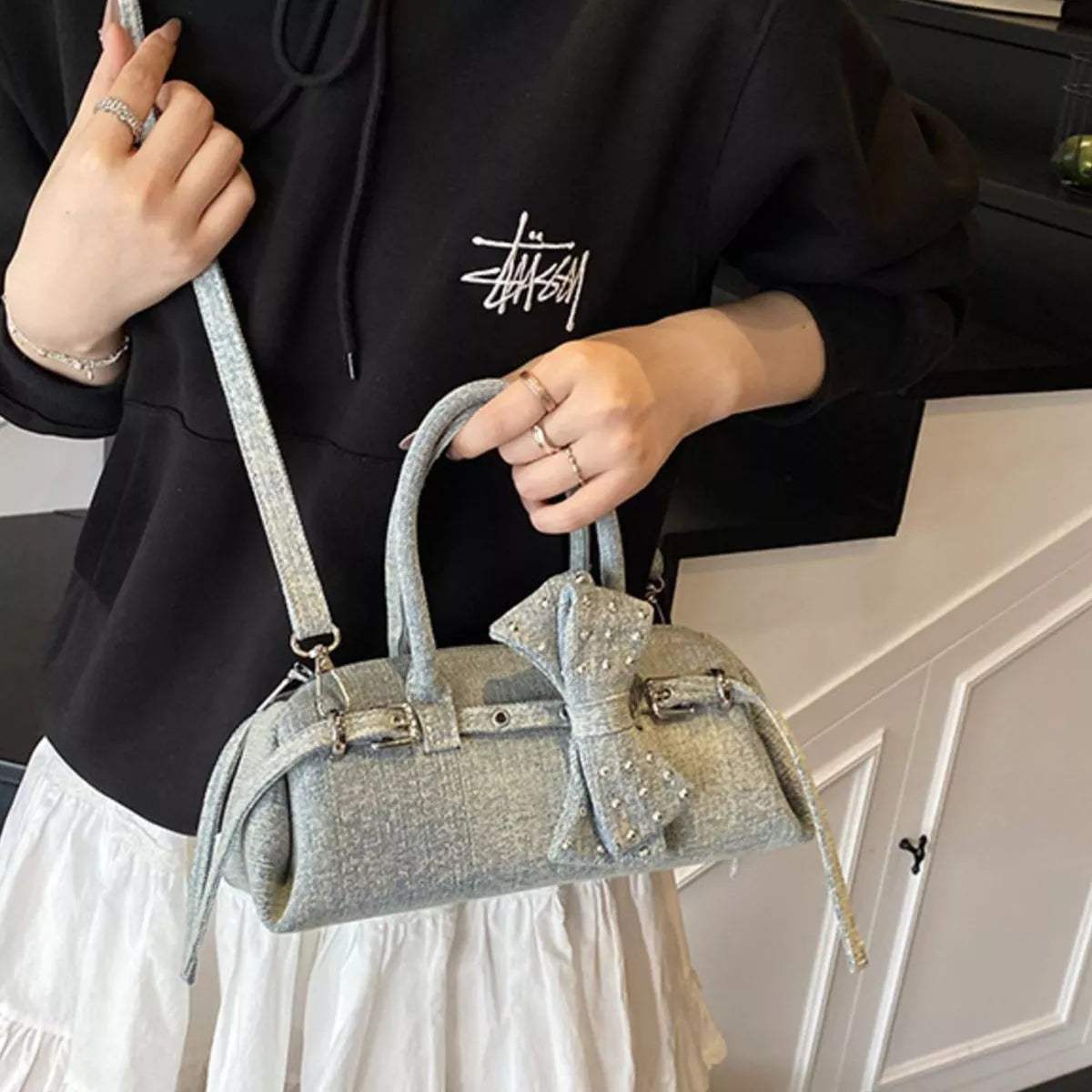 Denim Bow Accent Crossbody Bag - Trendsi - Flyclothing LLC