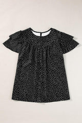 Ruffled Printed Round Neck Cap Sleeve Blouse - Trendsi - Flyclothing LLC