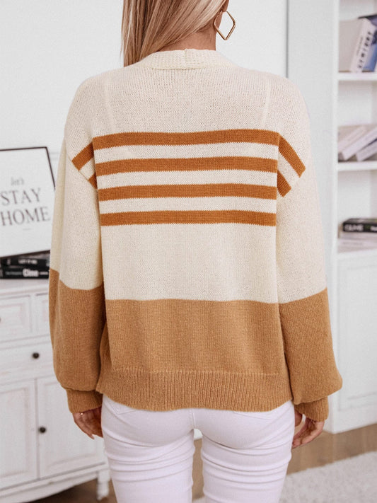 Color Block V-Neck Button Down Long Sleeve Cardigan - Trendsi