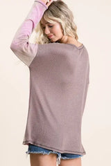 BiBi Thermal Waffle Color Block Top with Tie Dye - Trendsi - Flyclothing LLC