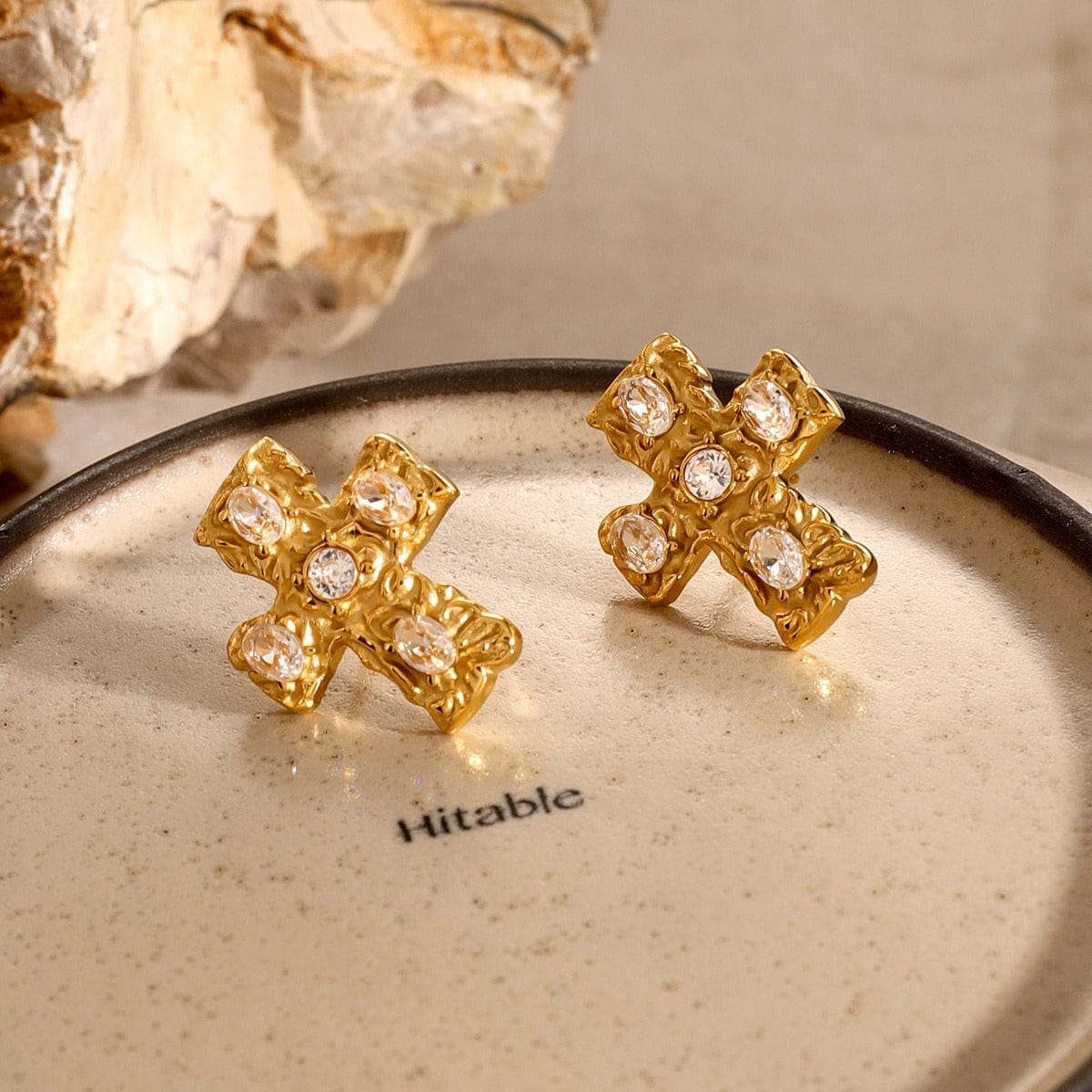 18K Gold-Plated Zircon Cross Earrings - Trendsi