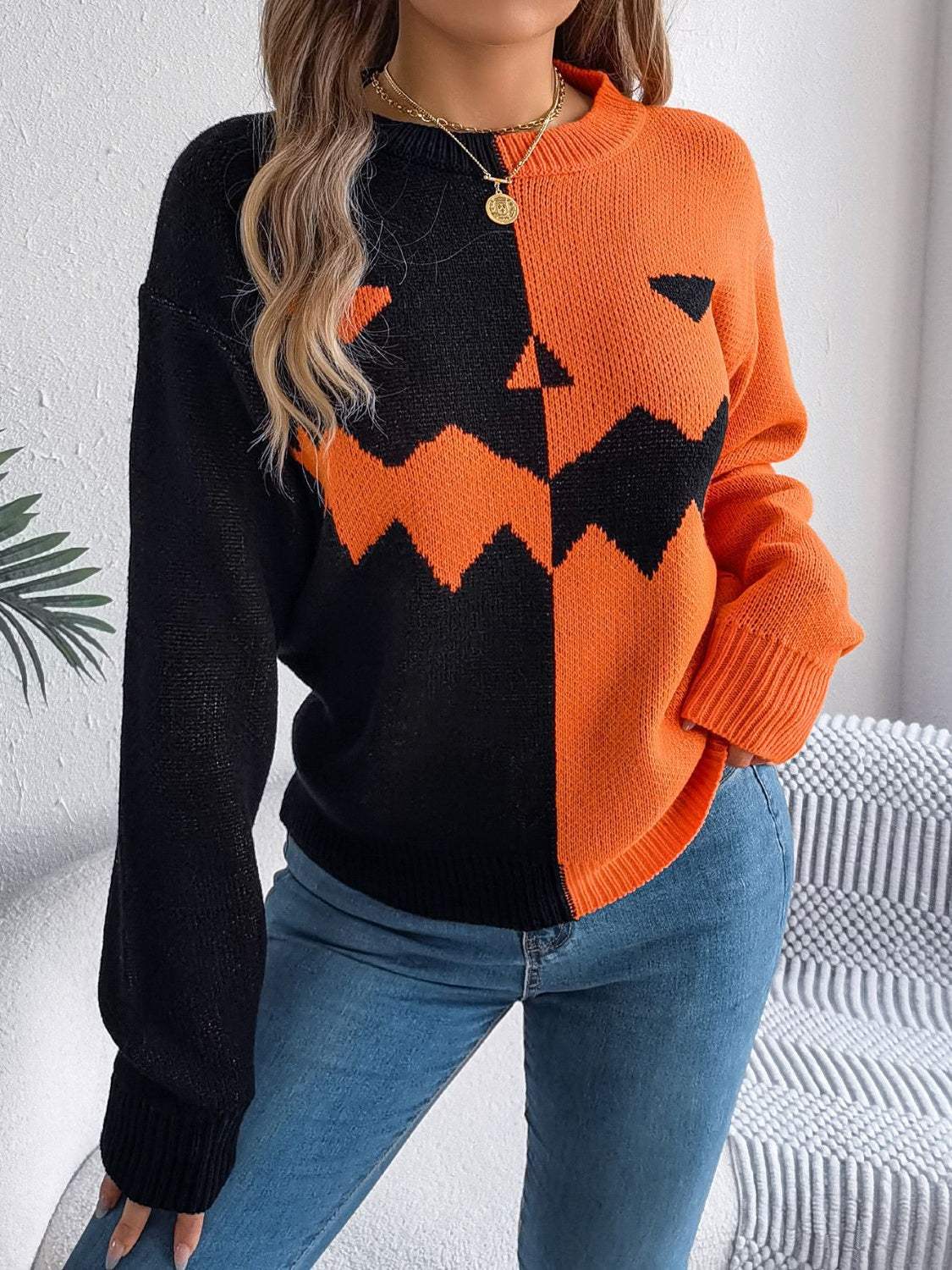 Contrast Round Neck Long Sleeve Sweater - Trendsi - Flyclothing LLC