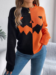 Contrast Round Neck Long Sleeve Sweater - Trendsi