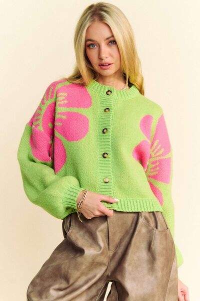 Davi & Dani Flower Contrast Round Neck Long Sleeve Cardigan - Trendsi - Flyclothing LLC