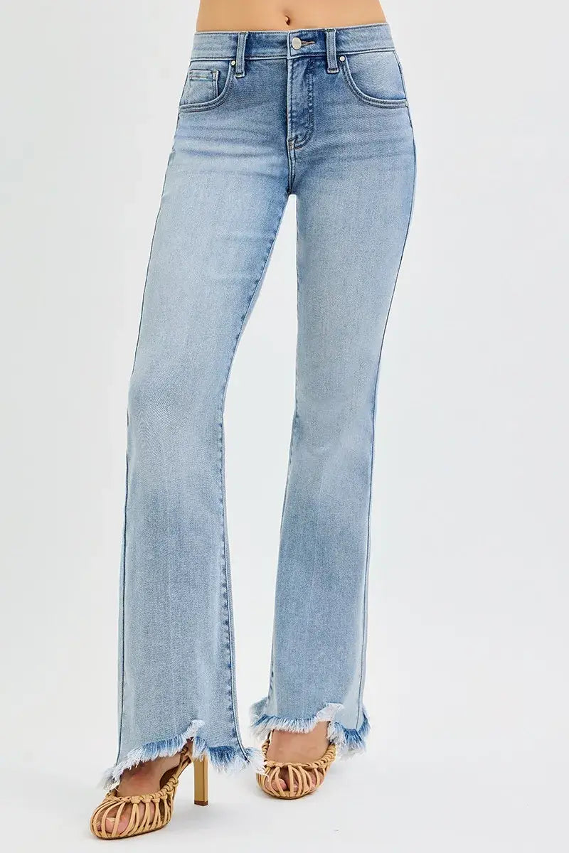 RISEN Full Size Tummy Control Mid Rise Flare Jeans with Fray Hem Detailed Plus Size - Trendsi - Flyclothing LLC