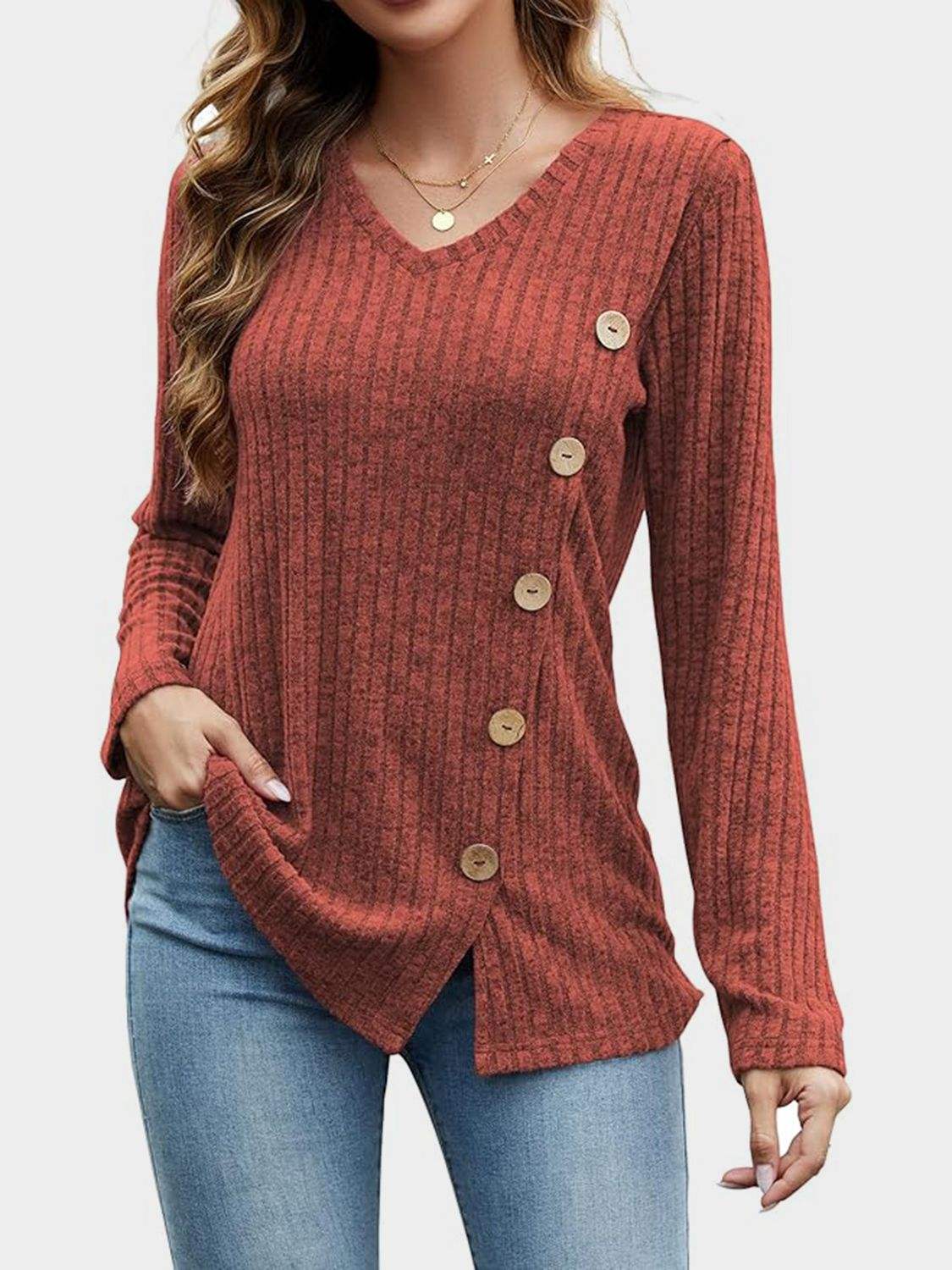 V-Neck Long Sleeve T-Shirt - Trendsi - Flyclothing LLC