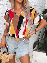 Printed V-Neck Short Sleeve Blouse - Trendsi - Flyclothing LLC