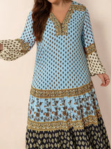 Plus Size Printed V-Neck Balloon Sleeve Maxi Dress - Trendsi - Flyclothing LLC