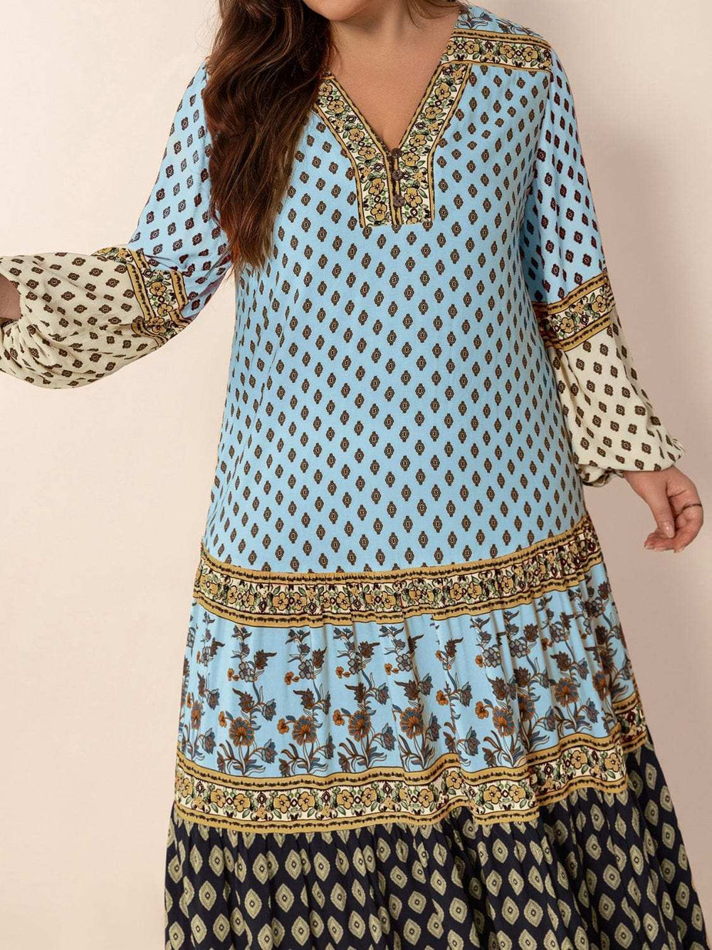 Plus Size Printed V-Neck Balloon Sleeve Maxi Dress - Trendsi - Flyclothing LLC