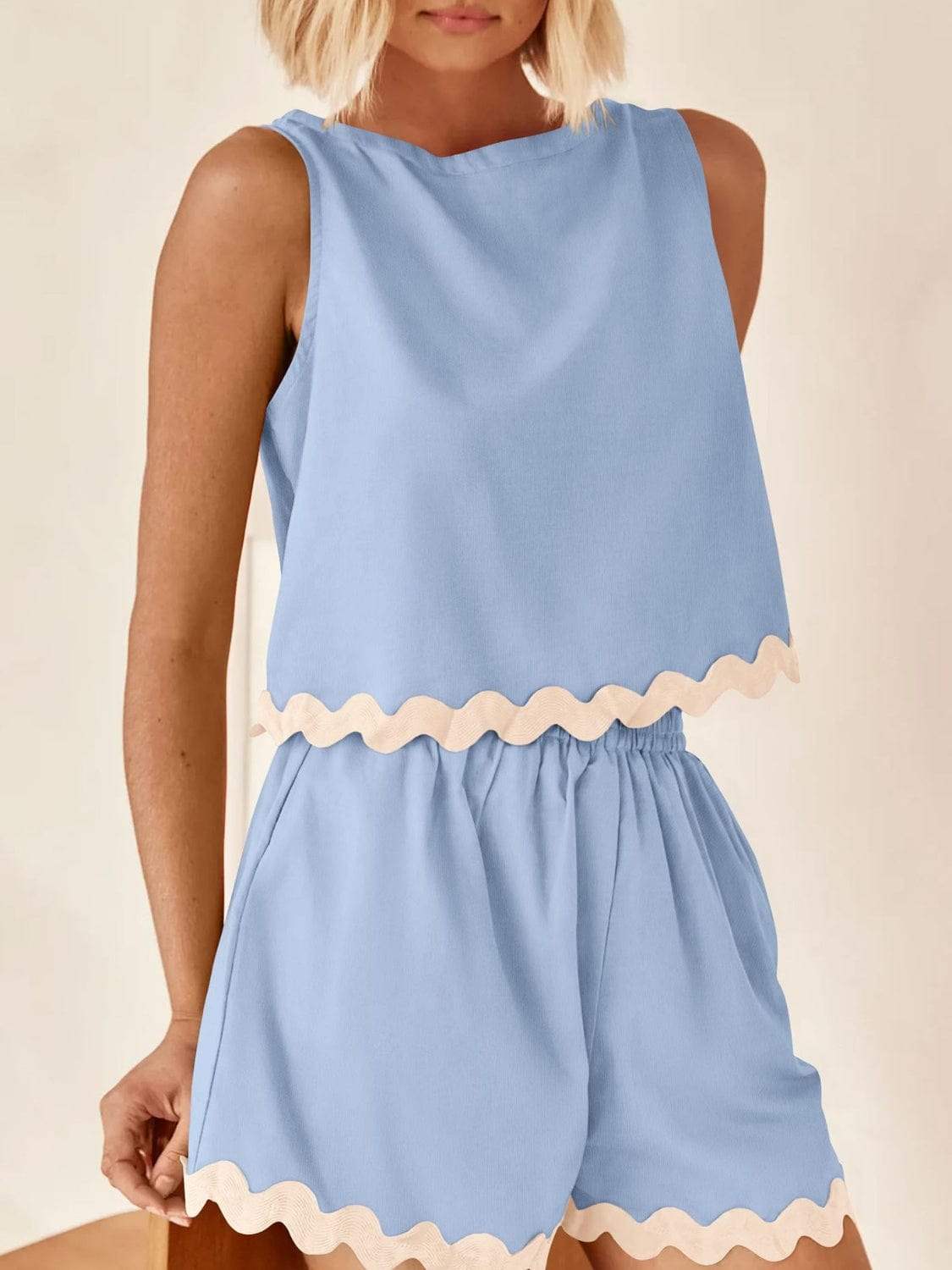 Contrast Trim Round Neck Top and Shorts Set - Trendsi - Flyclothing LLC
