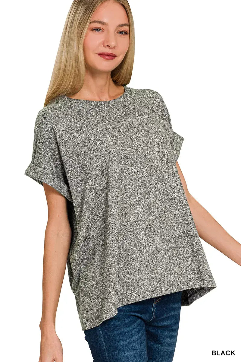 Zenana Soft Melange Hacci Short Sleeve Round Neck Top - Trendsi - Flyclothing LLC