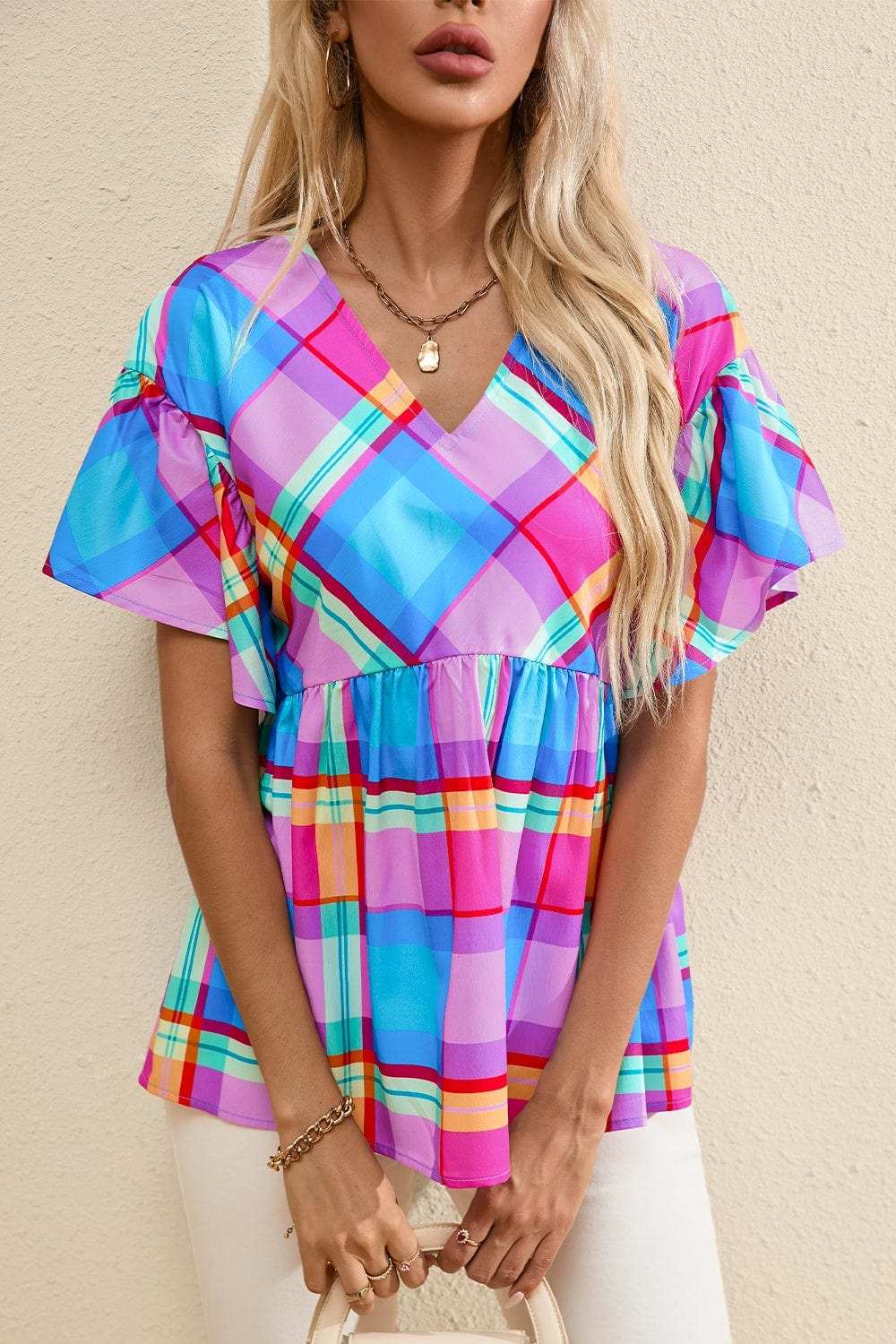 Plaid V-Neck Short Sleeve Blouse - Trendsi - Flyclothing LLC