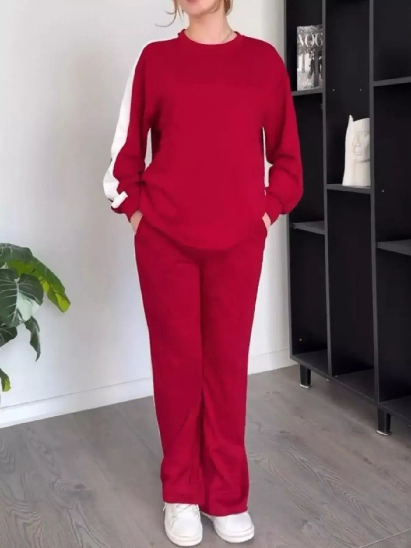 Full Size Contrast Round Neck Top and Pants Set Plus Size - Trendsi - Flyclothing LLC