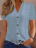 Openwork Notched Short Sleeve Top - Trendsi - Flyclothing LLC