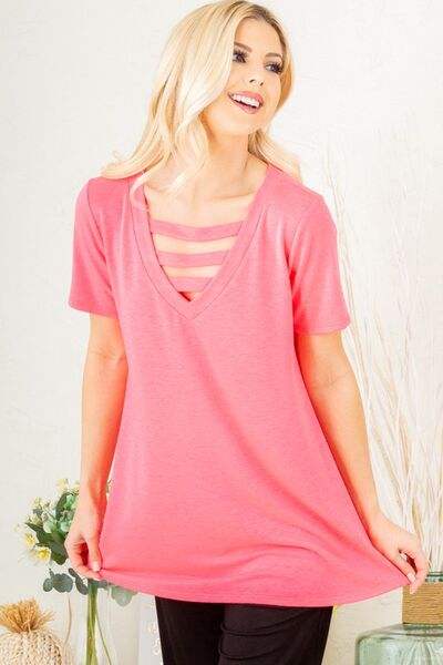 Heimish Full Size V-Neck Short Sleeve T-Shirt with Bar Detail Plus Size - Trendsi - Flyclothing LLC