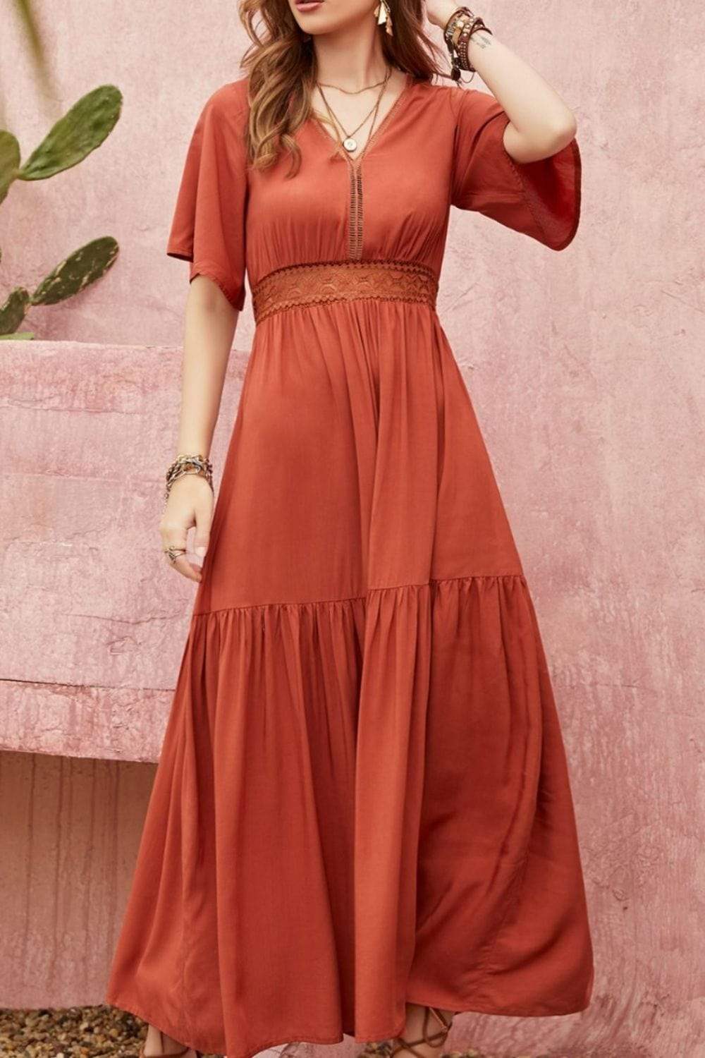 Lace Detail V-Neck Half Sleeve Midi Dress - Trendsi - Flyclothing LLC