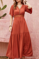 Lace Detail V-Neck Half Sleeve Midi Dress - Trendsi - Flyclothing LLC