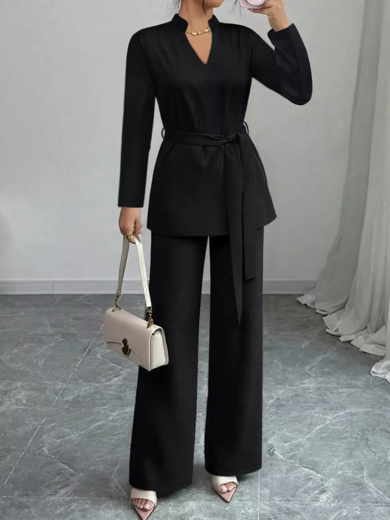 Tie-Waist Long Sleeve Top and Pants Set - Trendsi - Flyclothing LLC