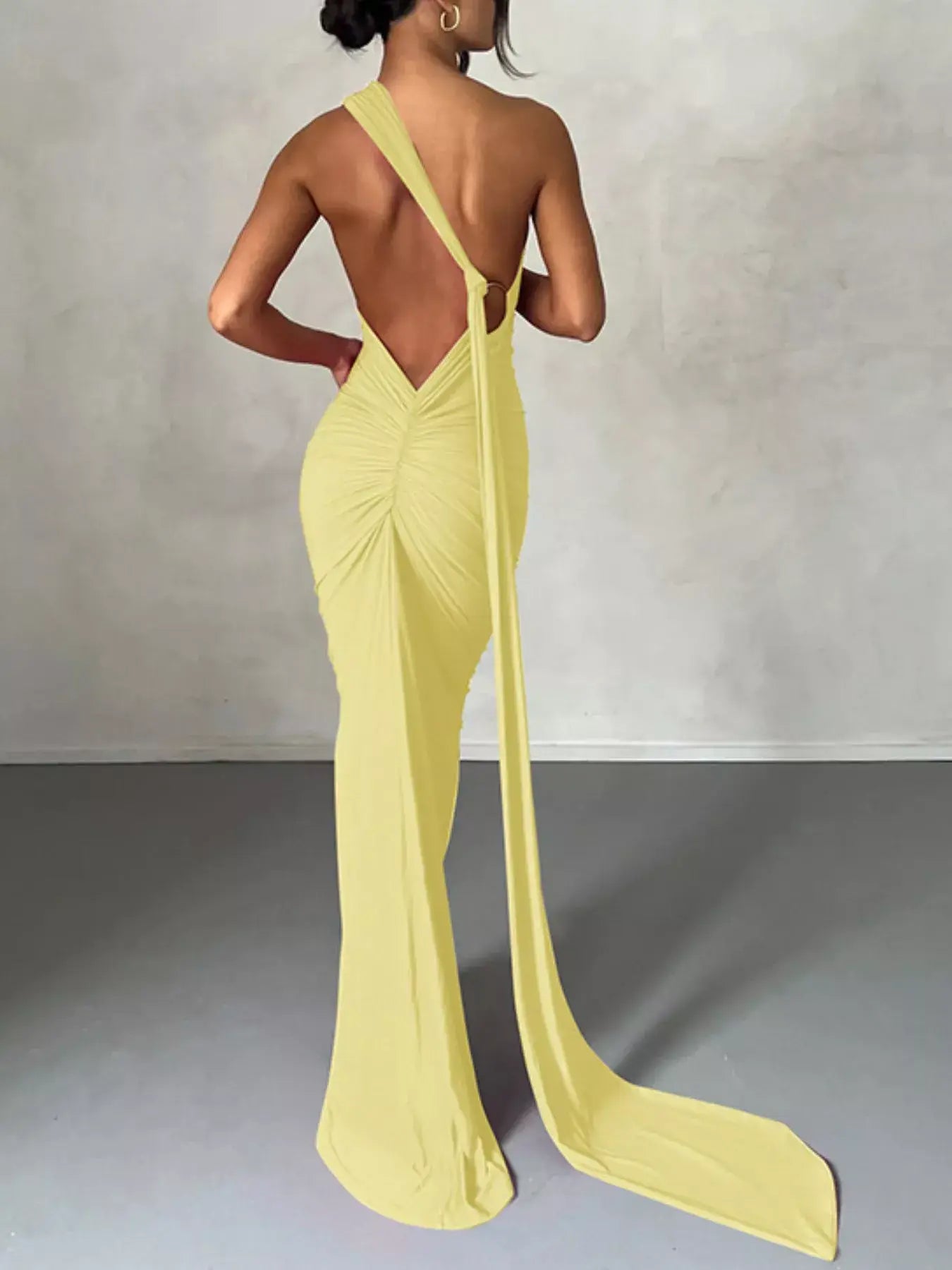 Backless One-Shoulder Ruched Bodycon Maxi Dress - Trendsi - Flyclothing LLC
