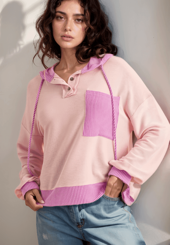 Corded Color Block Drawstring Hoodie - Trendsi - Flyclothing LLC