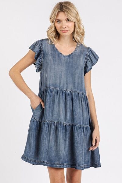 Mittoshop V-Neck Ruffled Cap Sleeve Mini Dress - Trendsi