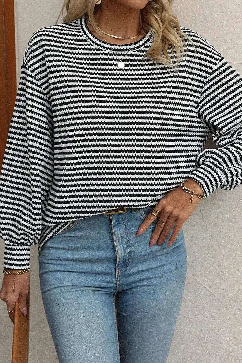 Striped Round Neck Long Sleeve Top - Trendsi - Flyclothing LLC