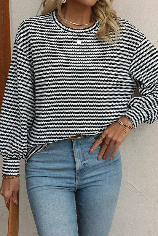 Striped Round Neck Long Sleeve Top - Trendsi - Flyclothing LLC