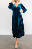 V-Neck Long Sleeve Midi Velvet Dress - Trendsi
