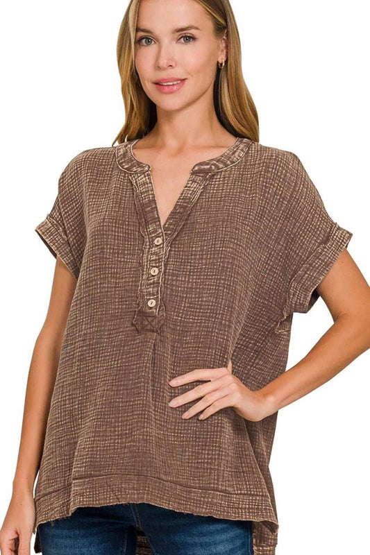 Zenana Washed Double Gauze 3/4 Button Henley Neck Shirt - Trendsi - Flyclothing LLC