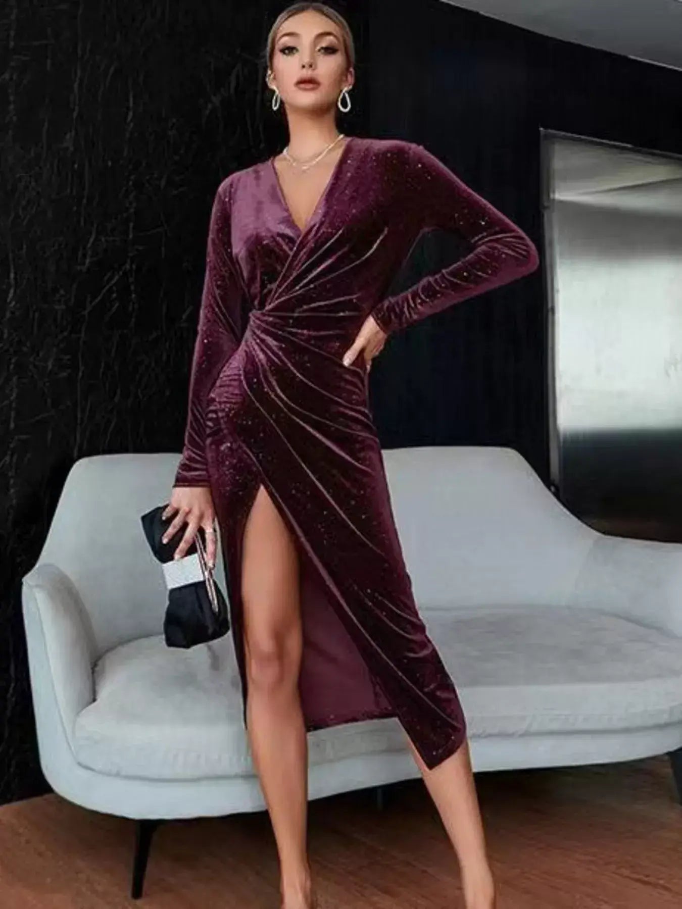 Velvet Ruched Slit Midi Dress - Trendsi - Flyclothing LLC