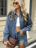 Leopard Button Up Long Sleeve Denim Jacket - Trendsi