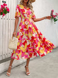 Printed V-Neck Flutter Sleeve Midi Dress - Trendsi - Flyclothing LLC