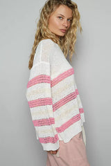 POL Striped Openwork Round Neck Knit Top - Trendsi - Flyclothing LLC