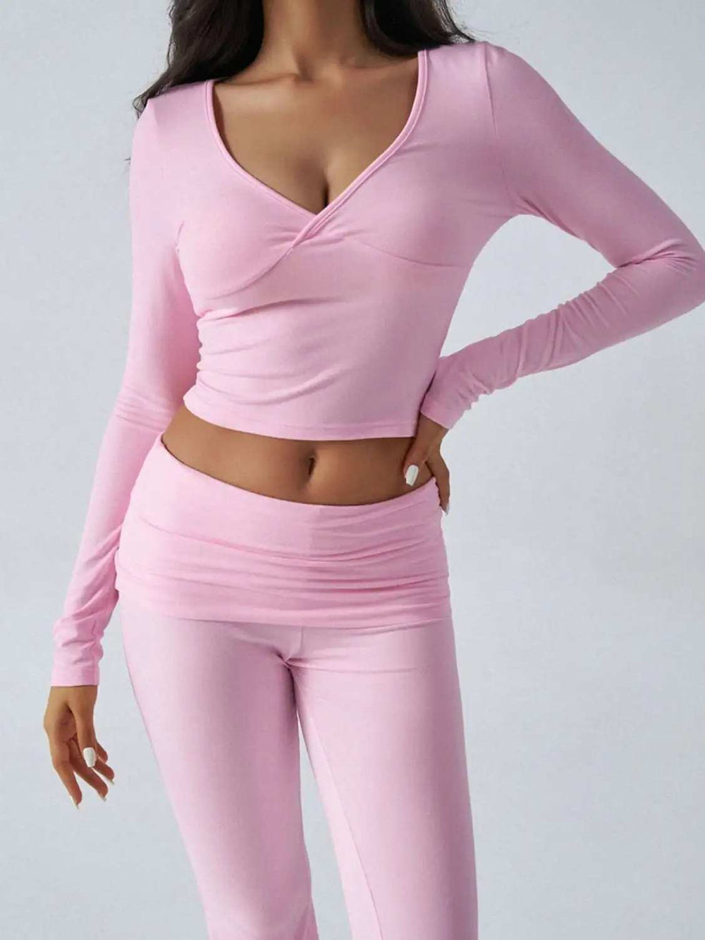 Devine Ruched Long Sleeve Top and Pants Set - Trendsi - Flyclothing LLC