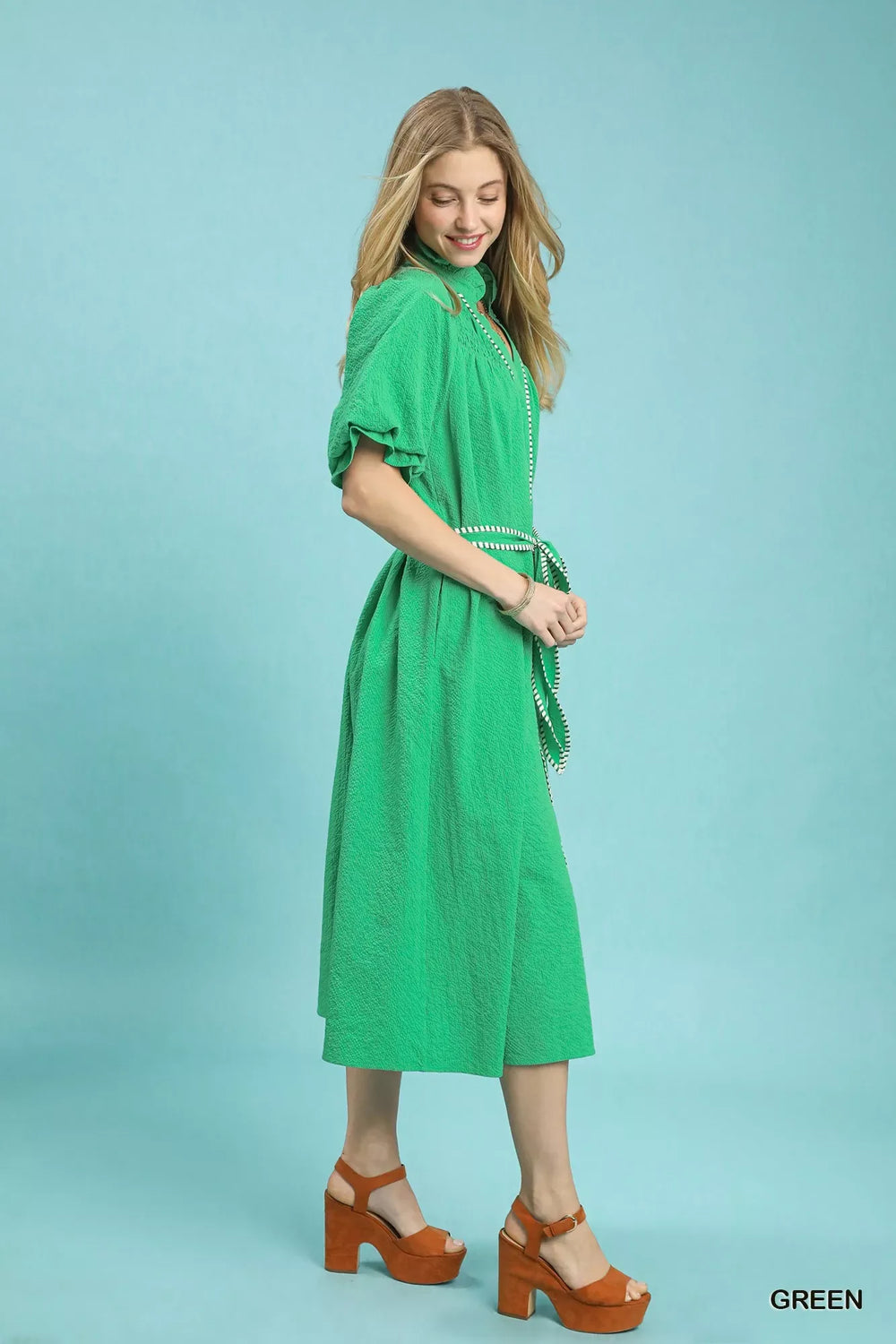 Umgee Ruffle Collar Midi Dress with Stripe Trim - Trendsi - Flyclothing LLC