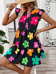 Ruffled Printed Notched Cap Sleeve Dress - Trendsi
