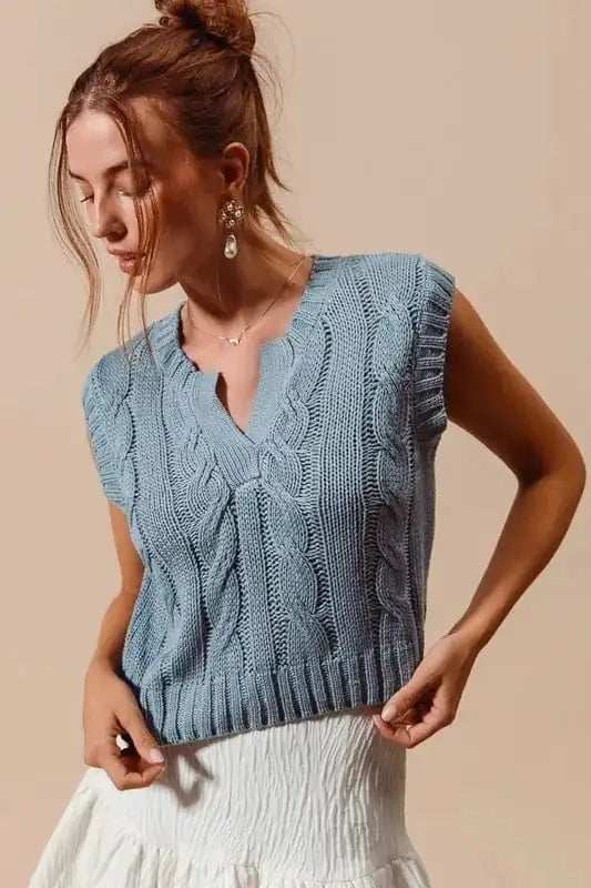 SO ME Notched Neck Cable Knit Sweater Vest - Trendsi - Flyclothing LLC