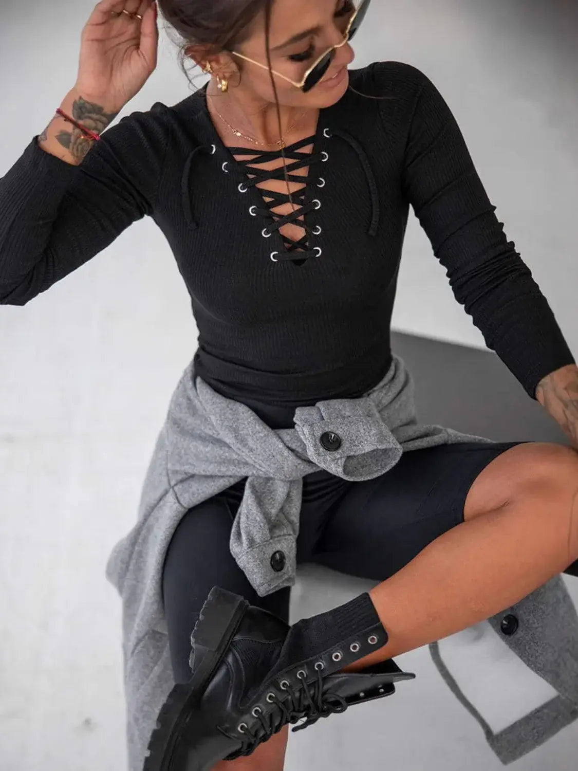 Lace Up Long Sleeve T-Shirt - Trendsi - Flyclothing LLC